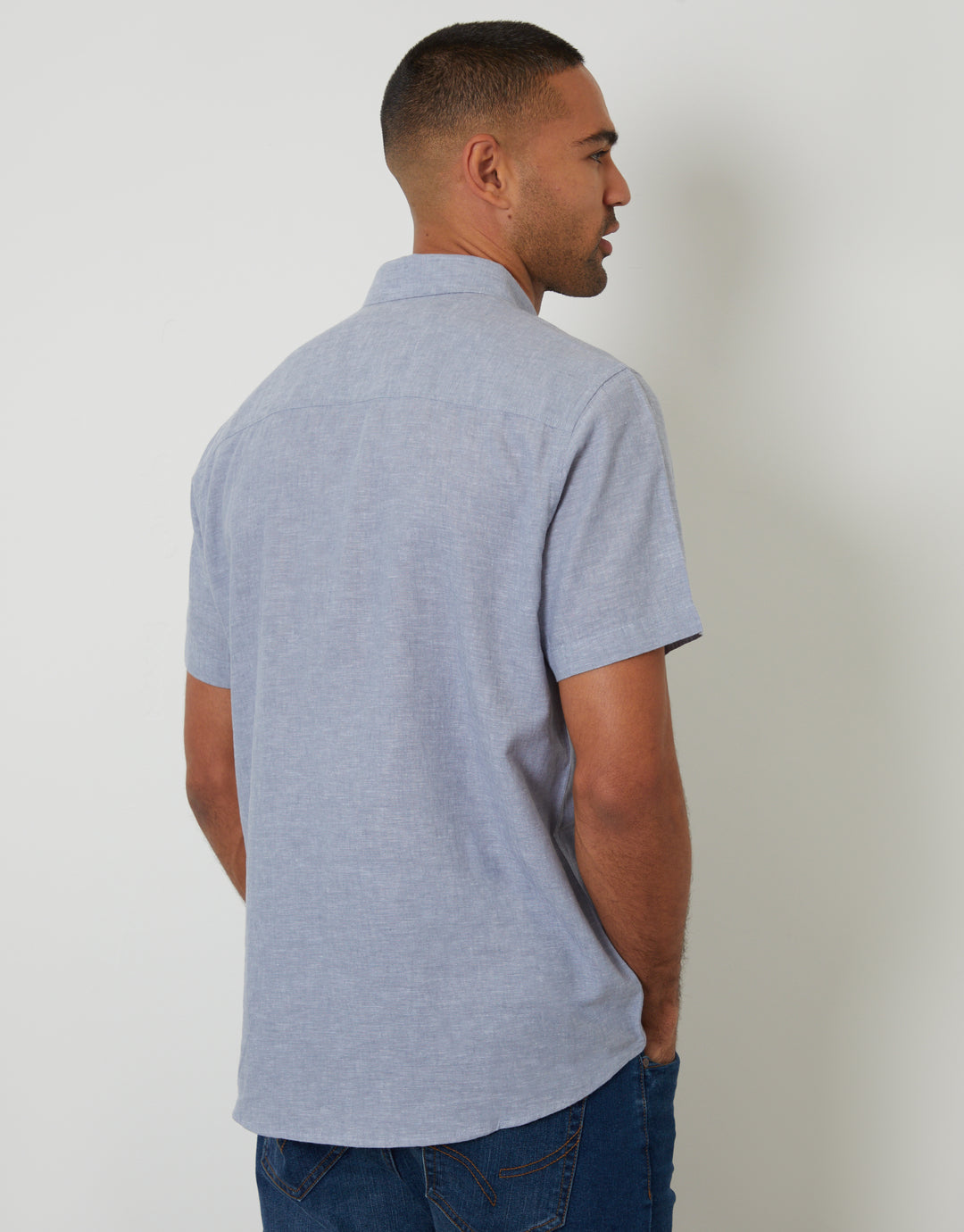 Denim Blue Short Sleeve Linen Blend Shirt