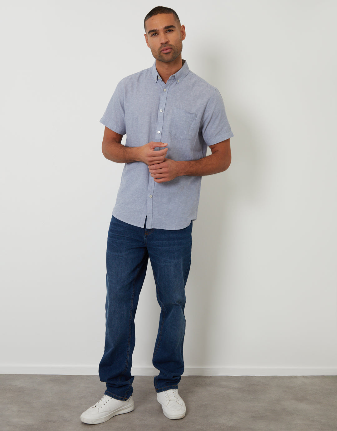 Denim Blue Short Sleeve Linen Blend Shirt