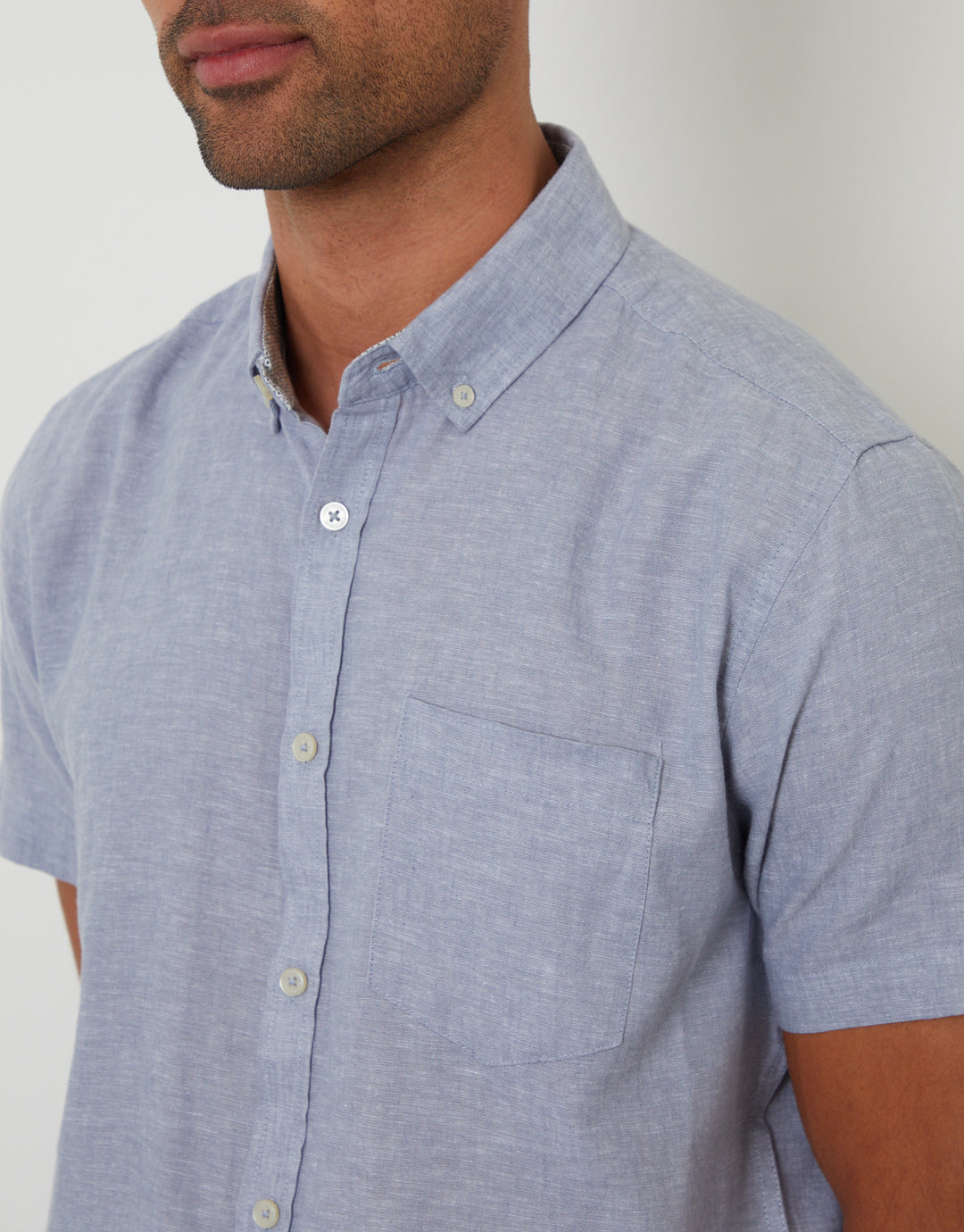 Denim Blue Short Sleeve Linen Blend Shirt