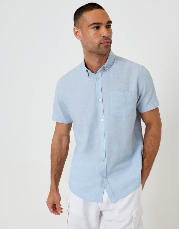 Threadbare Short Sleeve Linen Blend Shirt in Light Blue - front view