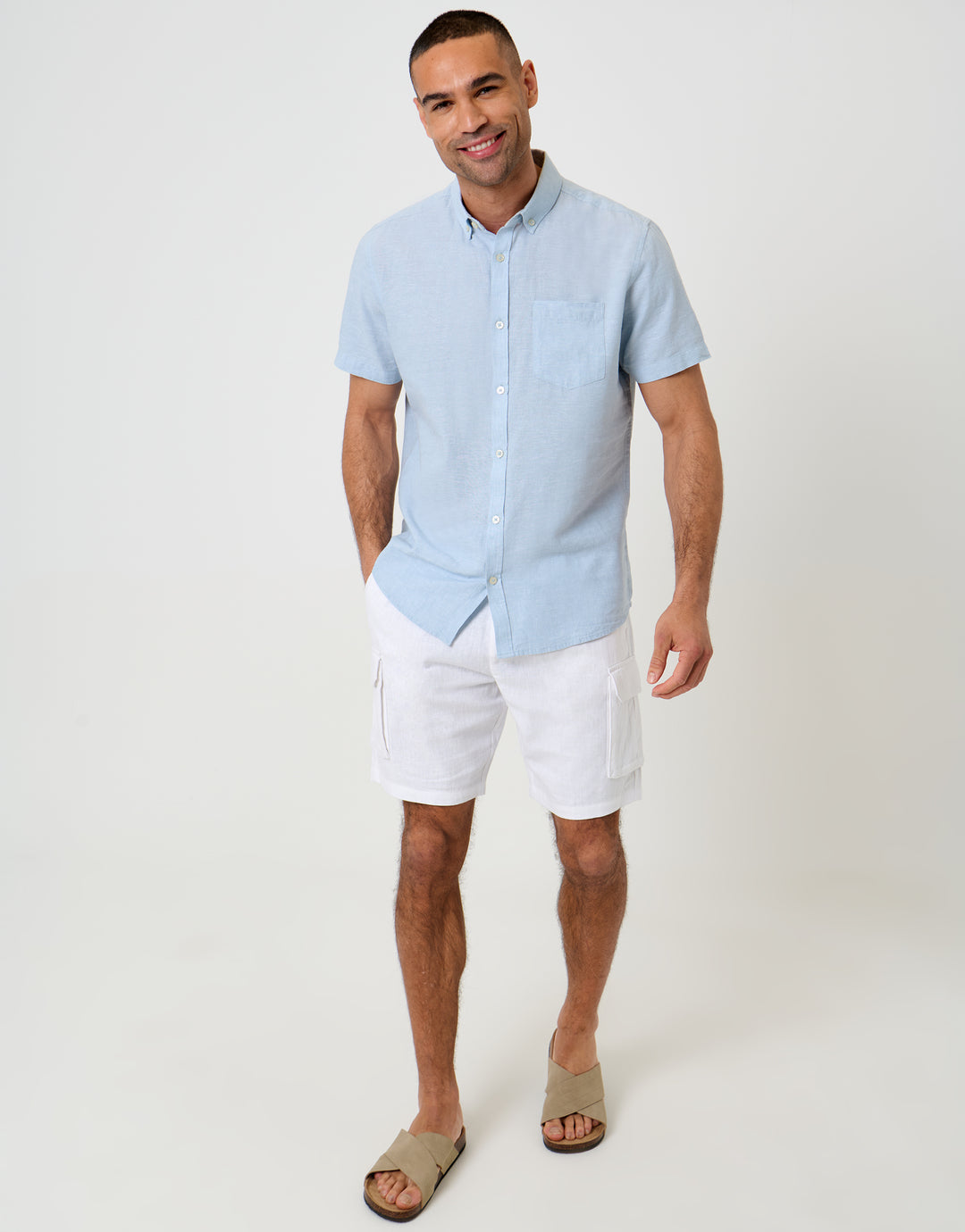 Threadbare Short Sleeve Linen Blend Shirt in Light Blue - full body