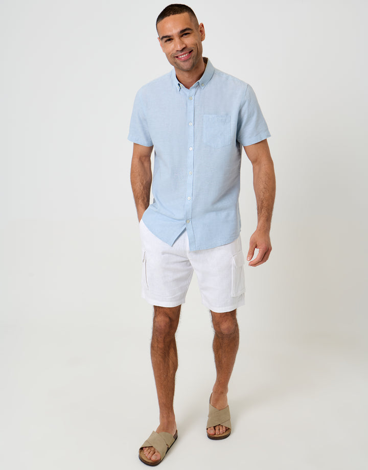Threadbare Short Sleeve Linen Blend Shirt in Light Blue - full body
