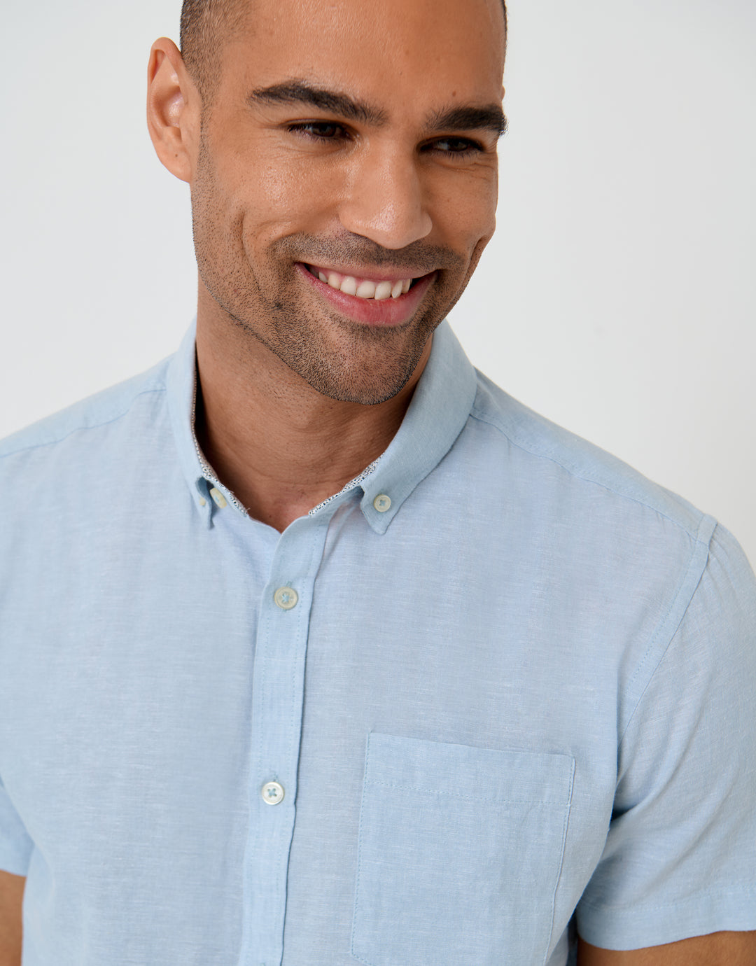 Threadbare Short Sleeve Linen Blend Shirt in Light Blue - collar close up