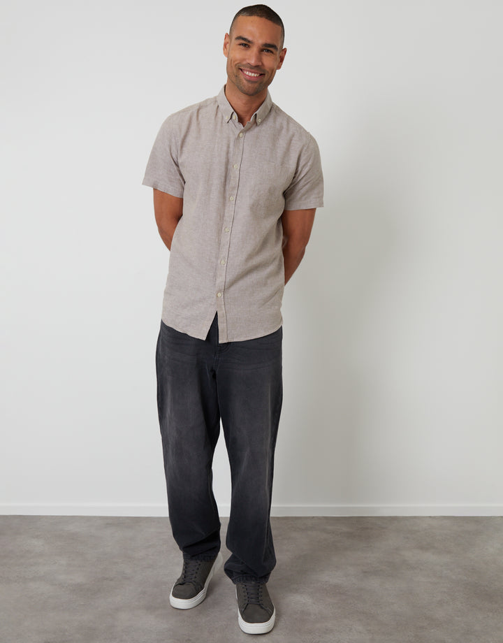 Taupe Short Sleeve Linen Blend Shirt