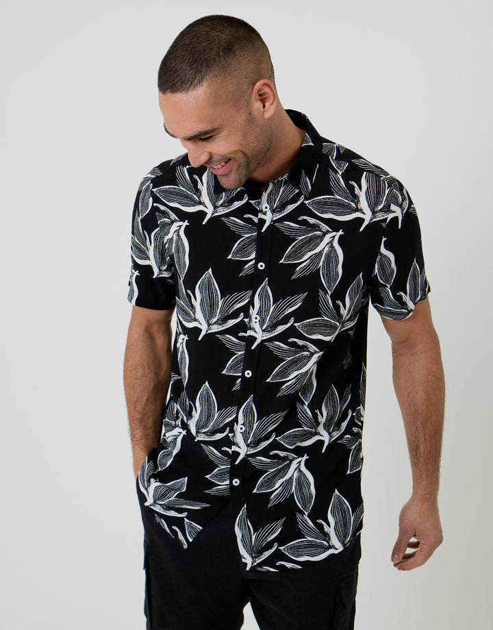 Threadbare Short Sleeve Shirt in Black Leaf Print - front view