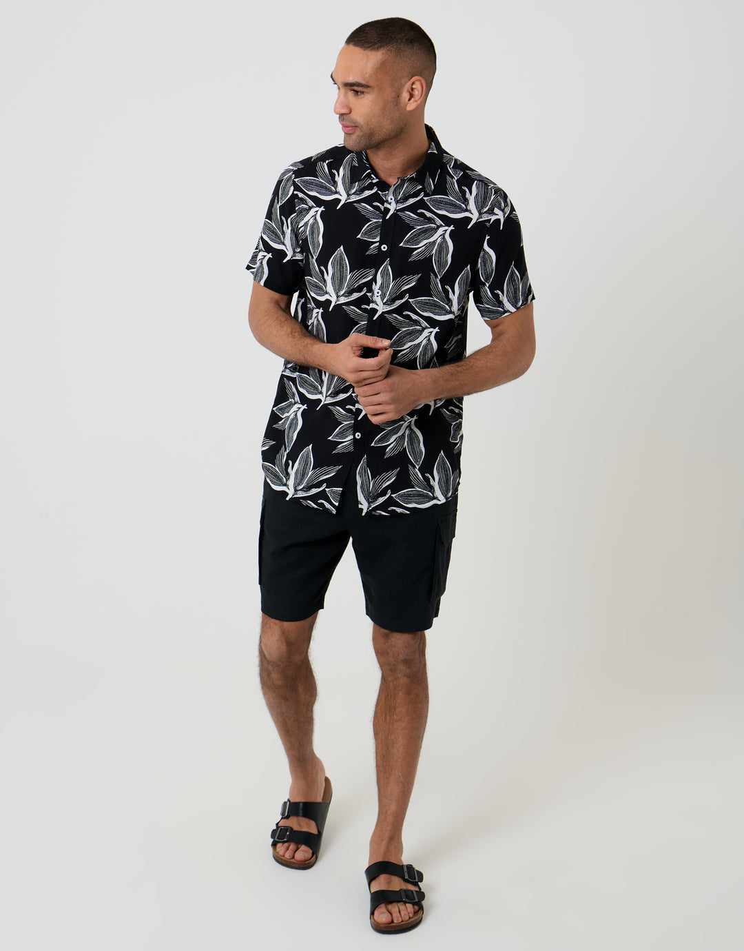 Threadbare Short Sleeve Shirt in Black Leaf Print - full body