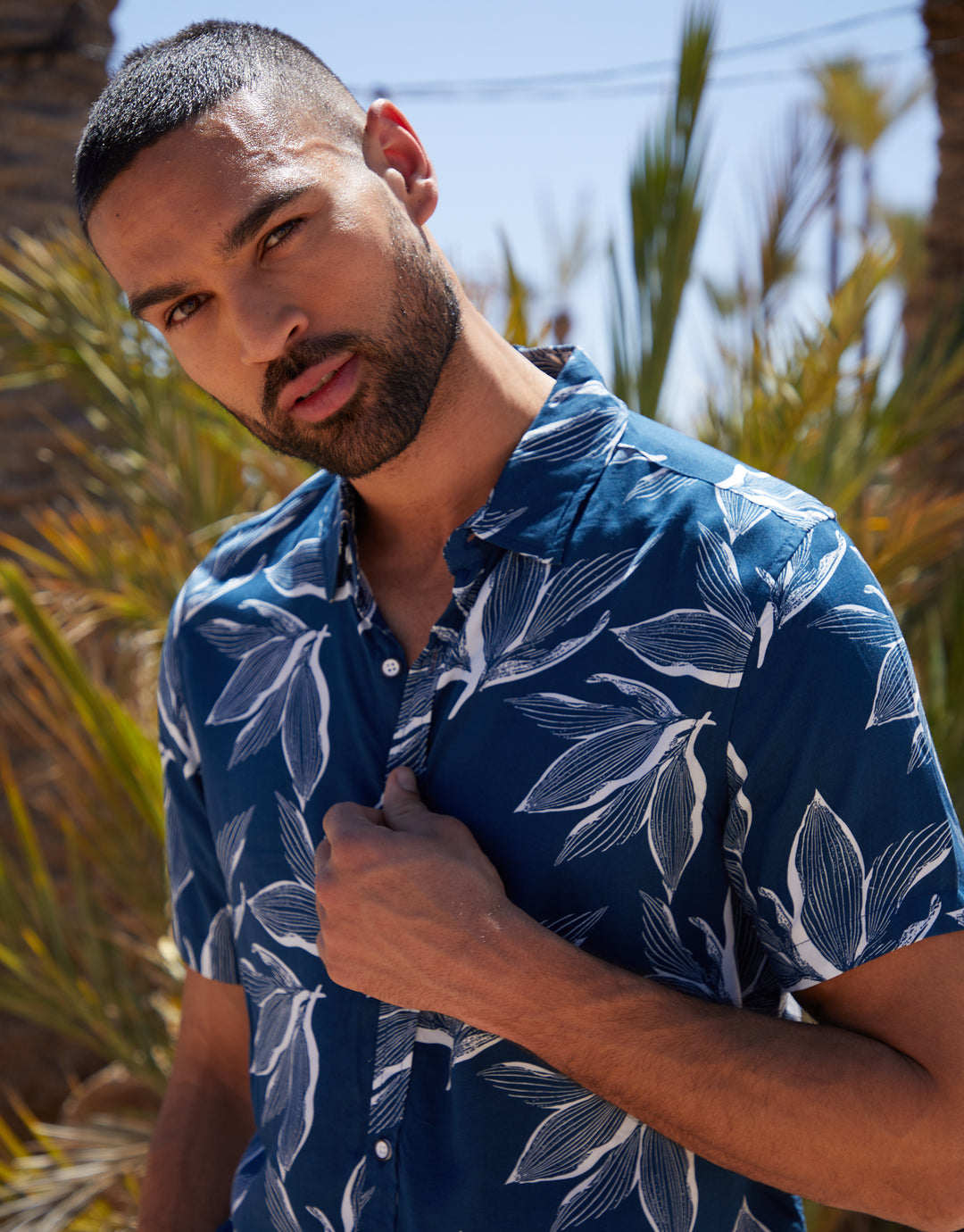 Navy Leaf Print Short Sleeve Shirt