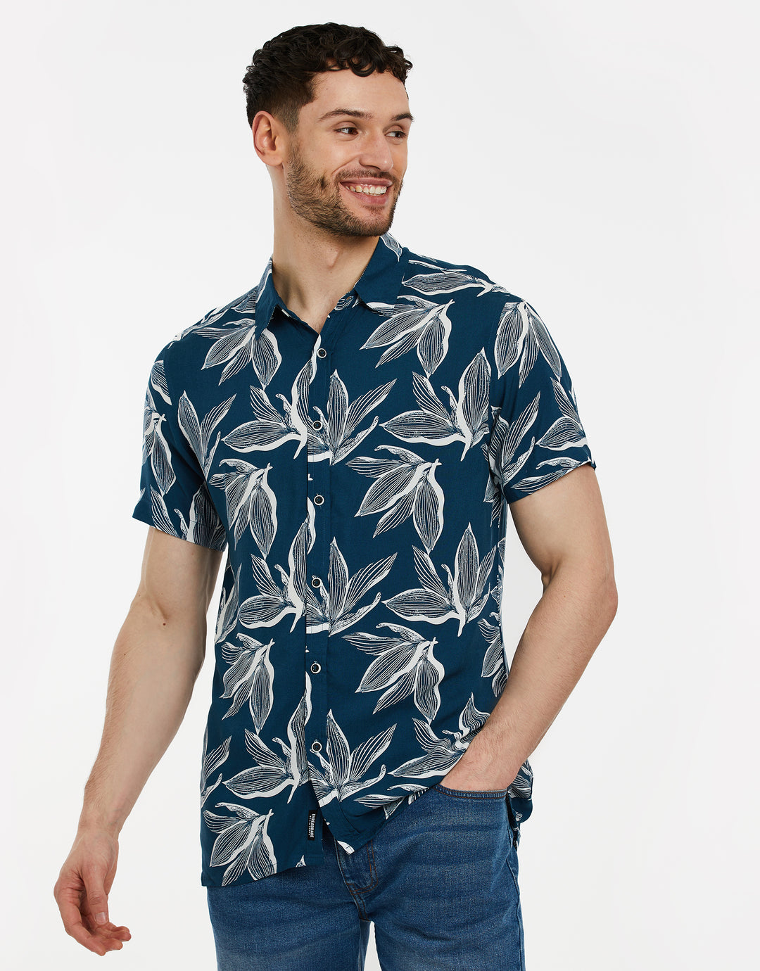 Threadbare Leaf Print Short Sleeve Shirt in Navy - front view