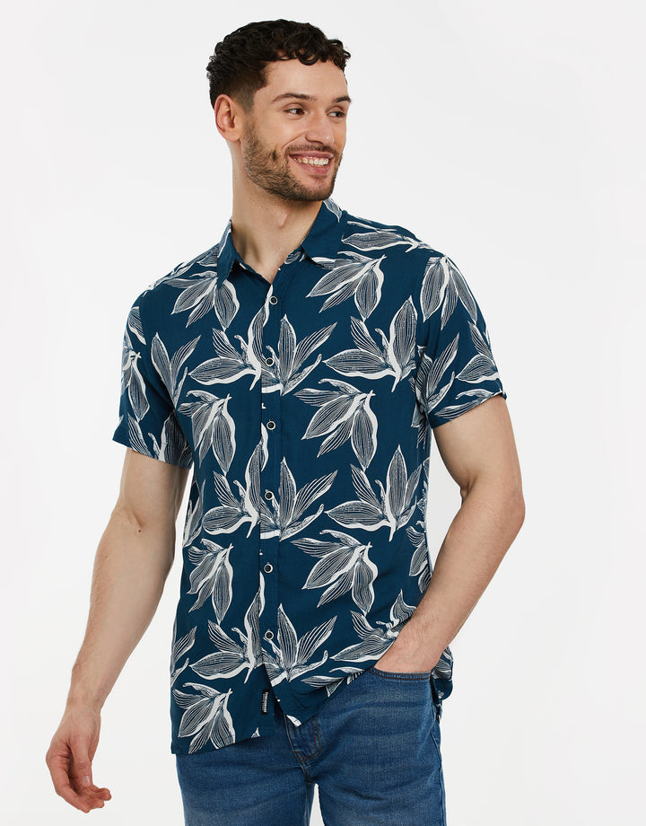 Threadbare Leaf Print Short Sleeve Shirt in Navy - front view