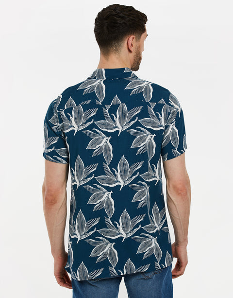 Threadbare Leaf Print Short Sleeve Shirt in Navy - back view