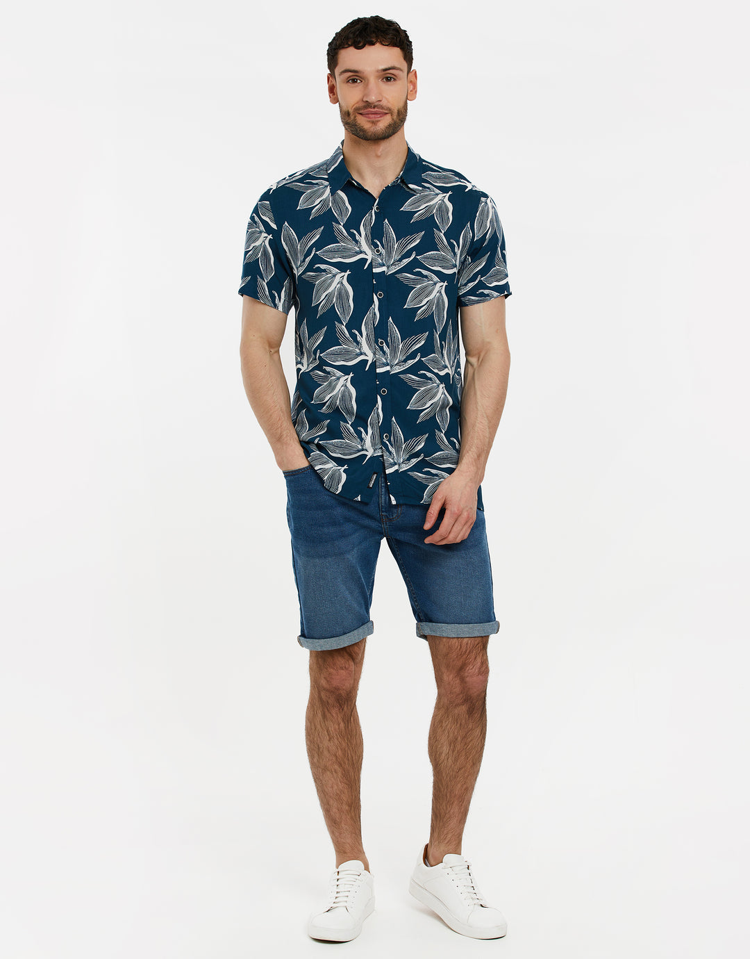 Threadbare Leaf Print Short Sleeve Shirt in Navy - full outfit view