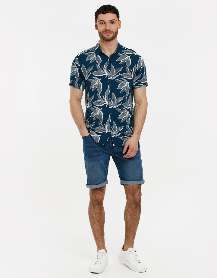 Threadbare Leaf Print Short Sleeve Shirt in Navy - full outfit view