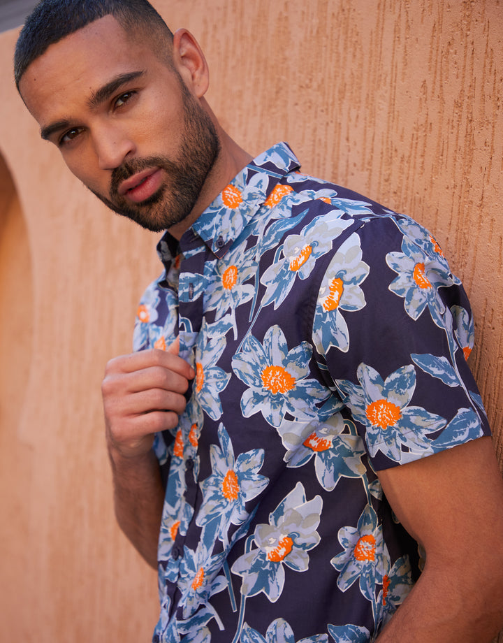 Navy Floral Print Short Sleeve Shirt