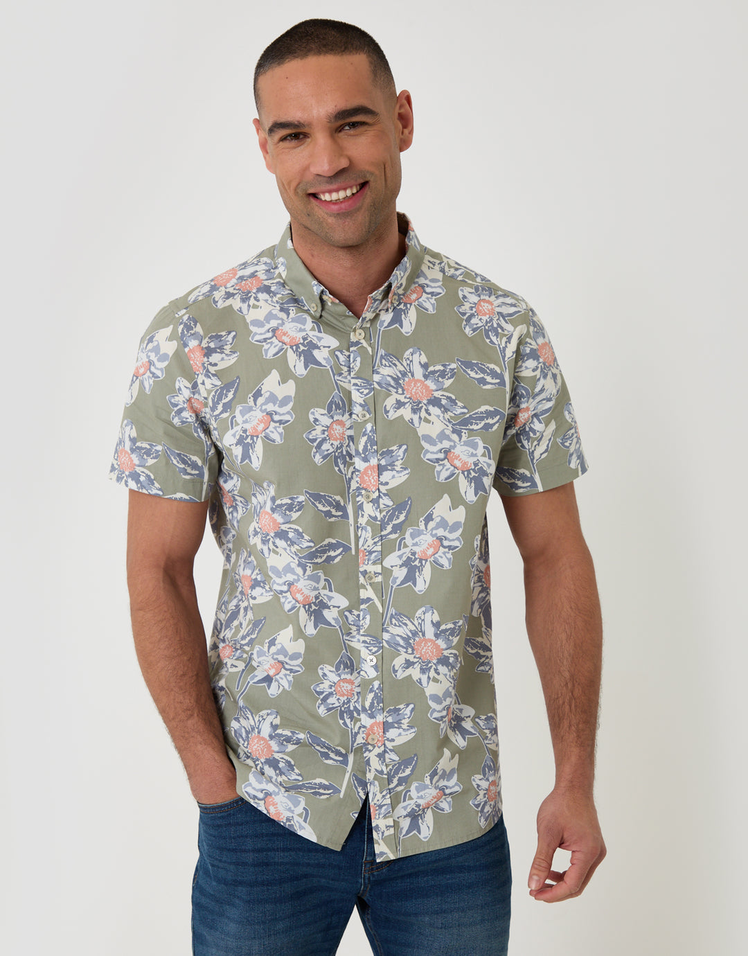 Threadbare Short Sleeve Shirt in Sage Green Floral Print - front view