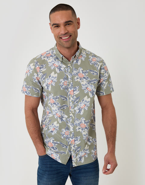 Threadbare Short Sleeve Shirt in Sage Green Floral Print - front view
