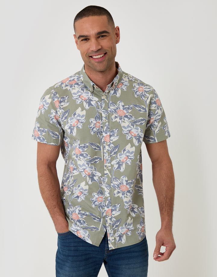Threadbare Short Sleeve Shirt in Sage Green Floral Print - front view