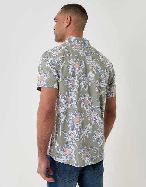 Threadbare Short Sleeve Shirt in Sage Green Floral Print - back view