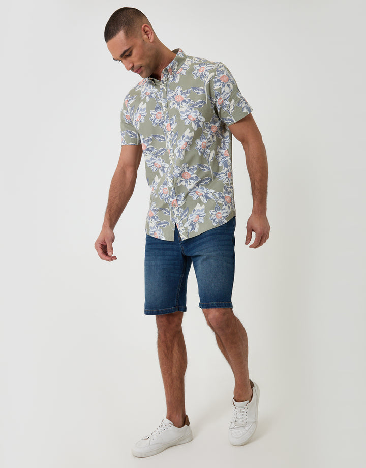Threadbare Short Sleeve Shirt in Sage Green Floral Print - full body