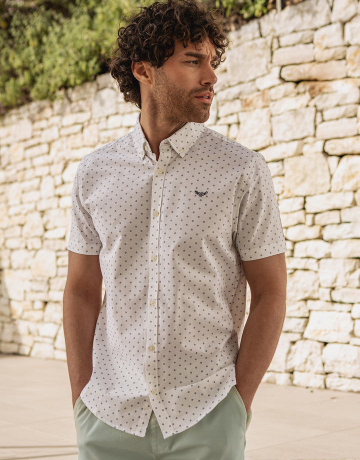 White Geo Print Short Sleeve Shirt