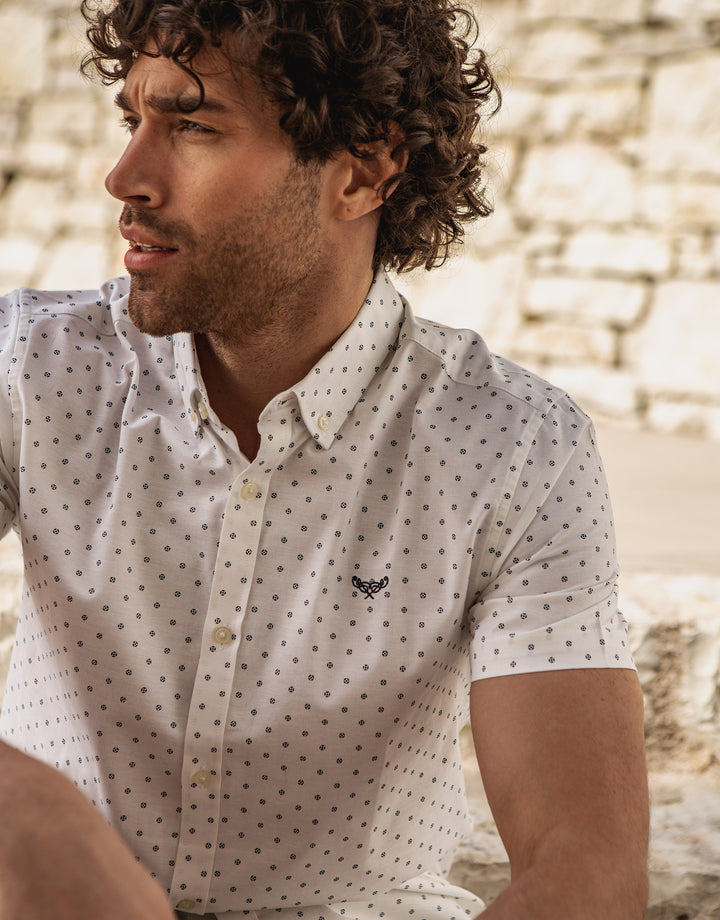 White Geo Print Short Sleeve Shirt