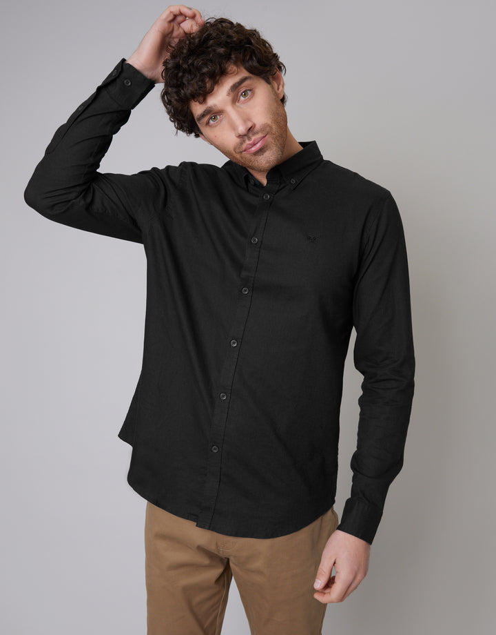 Black Long Sleeve Slim Fit Linen Blend Shirt
