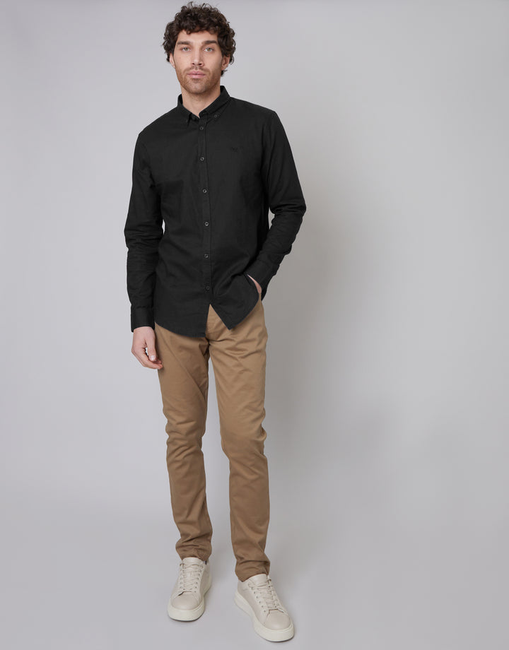 Black Long Sleeve Slim Fit Linen Blend Shirt
