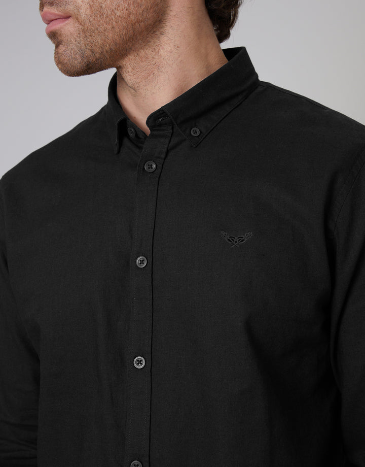 Black Long Sleeve Slim Fit Linen Blend Shirt