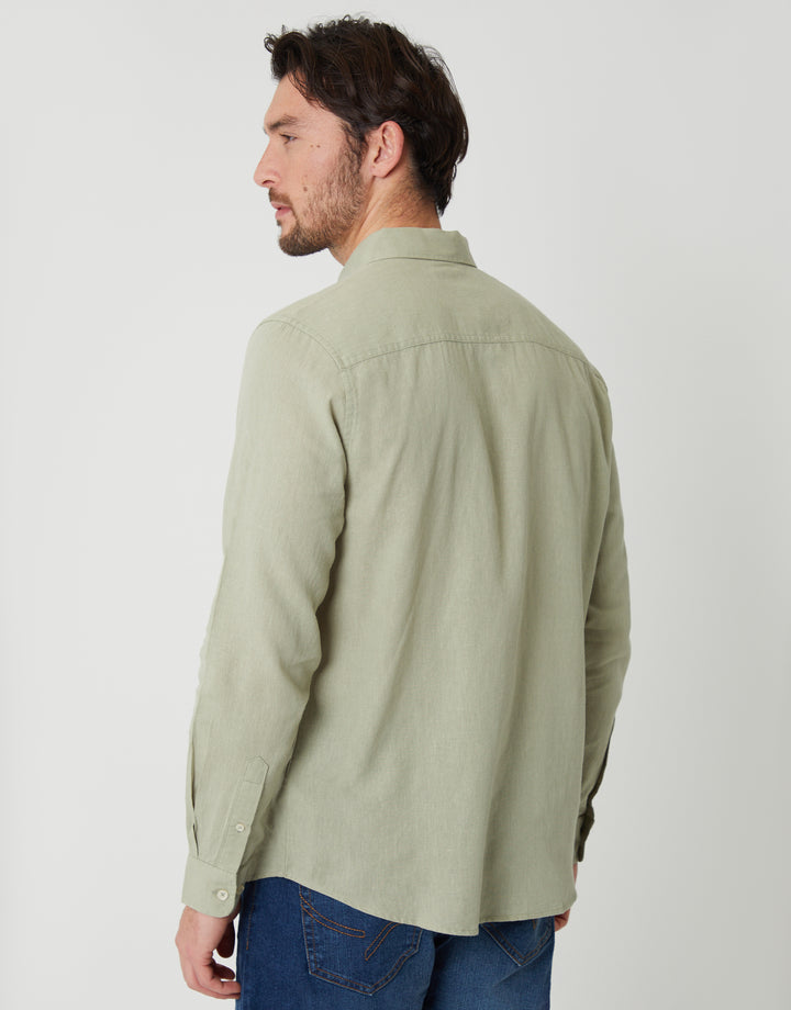 Threadbare Long Sleeve Linen Blend Shirt in Sage Green - back view