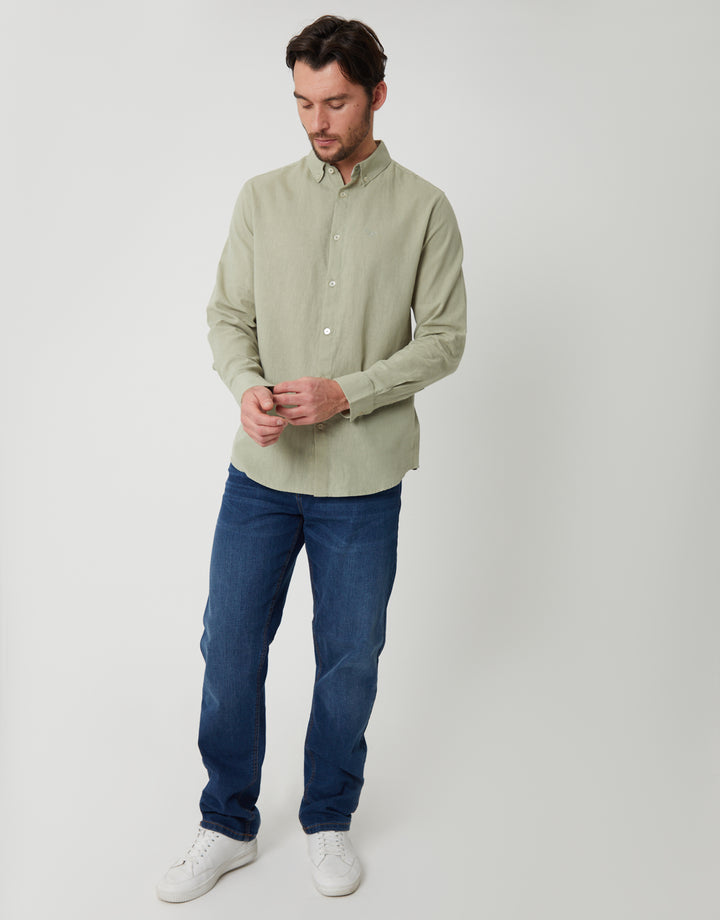 Threadbare Long Sleeve Linen Blend Shirt in Sage Green - full body