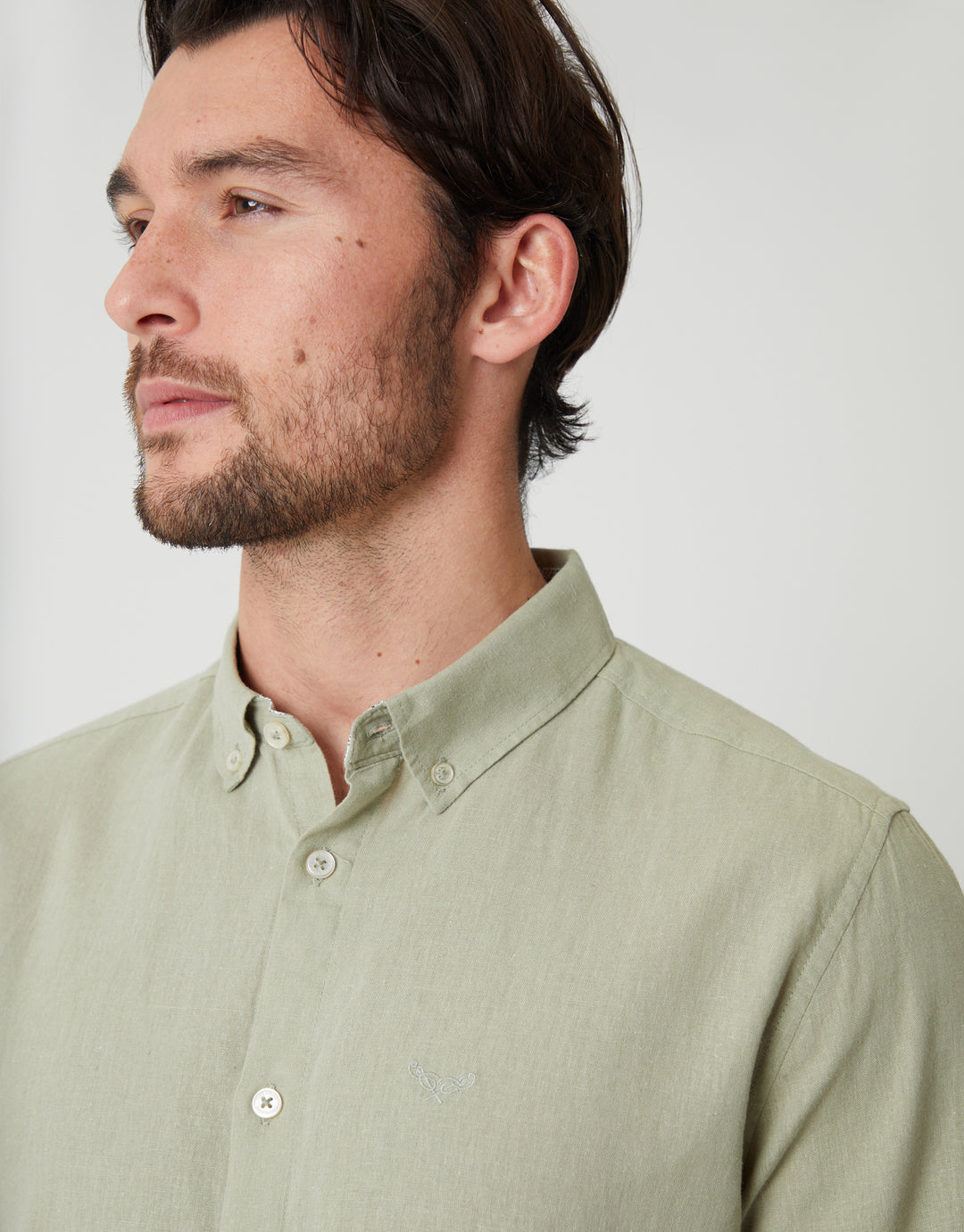 Threadbare Long Sleeve Linen Blend Shirt in Sage Green - front view close up