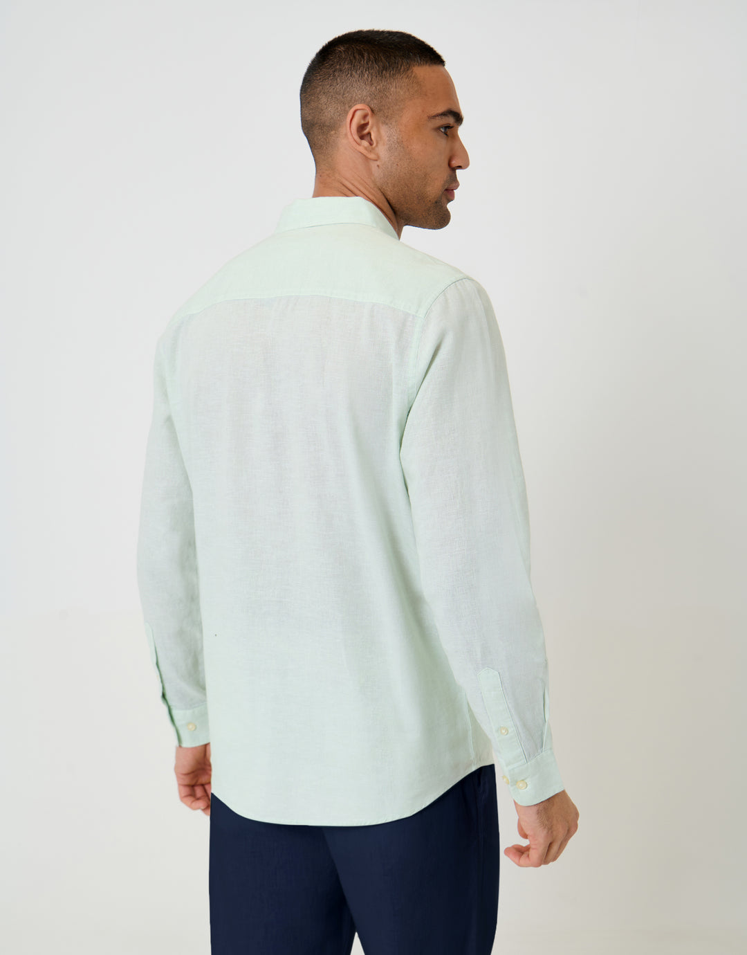 Threadbare Long Sleeve Linen Blend Shirt in Mint Green - back view