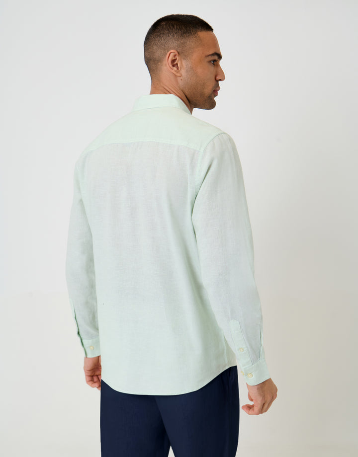 Threadbare Long Sleeve Linen Blend Shirt in Mint Green - back view