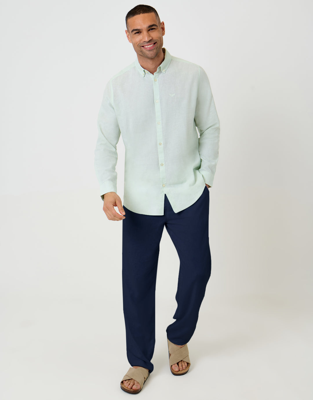 Threadbare Long Sleeve Linen Blend Shirt in Mint Green - full body