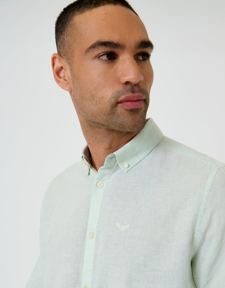 Threadbare Long Sleeve Linen Blend Shirt in Mint Green - collar close up