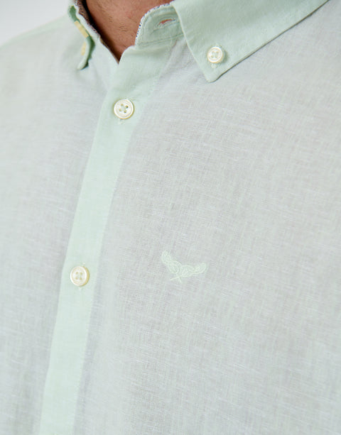 Threadbare Long Sleeve Linen Blend Shirt in Mint Green - buttons close up