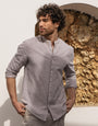 Stone Grandad Collar Linen Blend Shirt