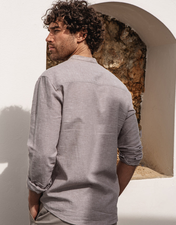 Stone Grandad Collar Linen Blend Shirt