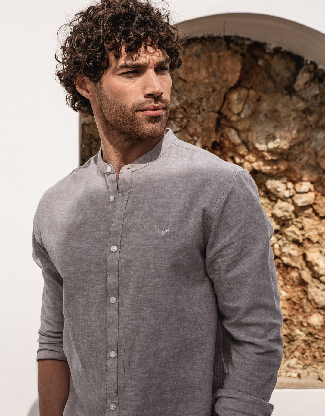 Stone Grandad Collar Linen Blend Shirt