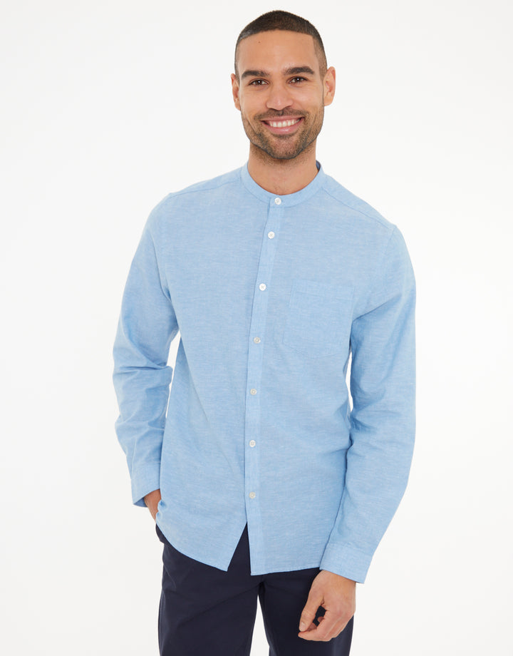 Denim Blue Grandad Collar Linen Blend Long Sleeve Shirt