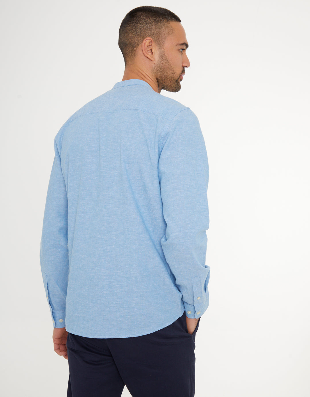 Denim Blue Grandad Collar Linen Blend Long Sleeve Shirt