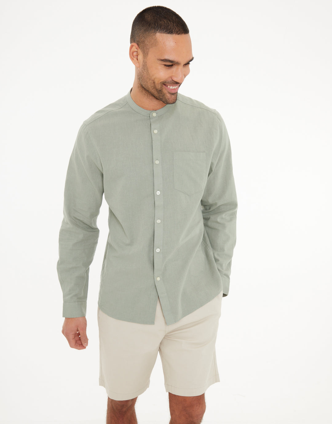Sage Green Grandad Collar Linen Blend Long Sleeve Shirt