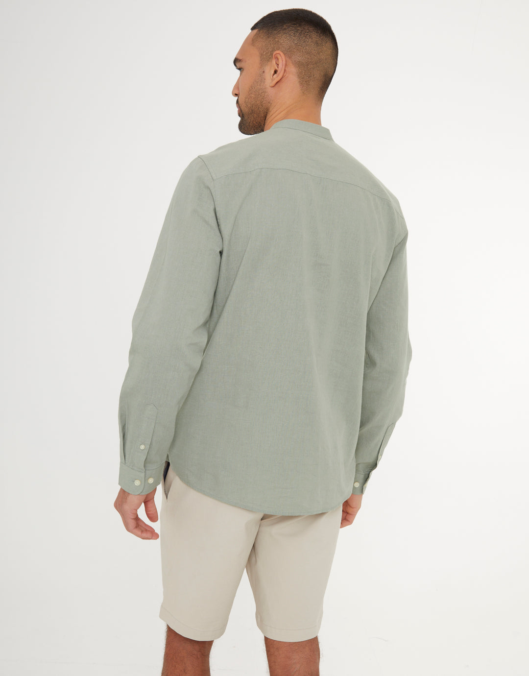 Sage Green Grandad Collar Linen Blend Long Sleeve Shirt