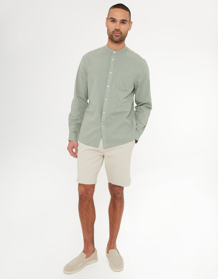Sage Green Grandad Collar Linen Blend Long Sleeve Shirt