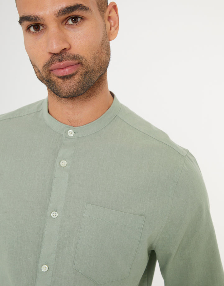 Sage Green Grandad Collar Linen Blend Long Sleeve Shirt