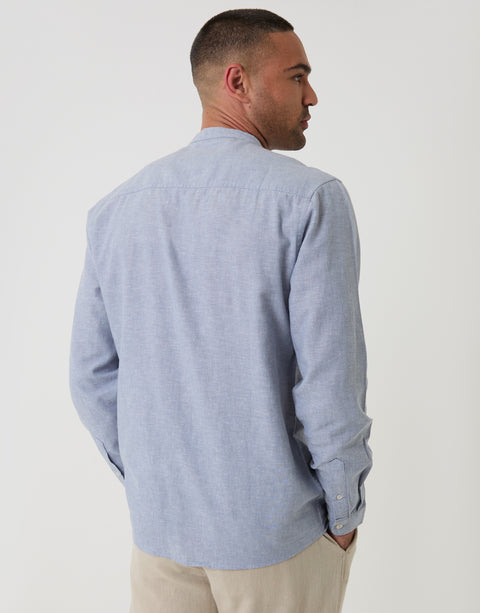 Threadbare Linen Blend Long Sleeve Shirt in Denim Blue - Back View