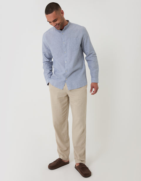 Threadbare Linen Blend Long Sleeve Shirt in Denim Blue - Full View