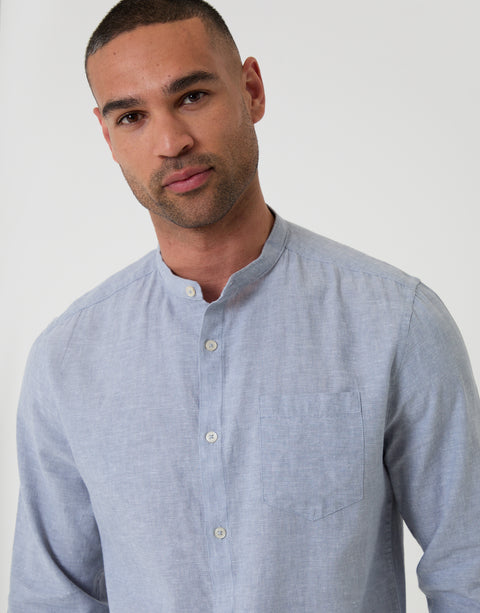 Threadbare Linen Blend Long Sleeve Shirt in Denim Blue - Close View