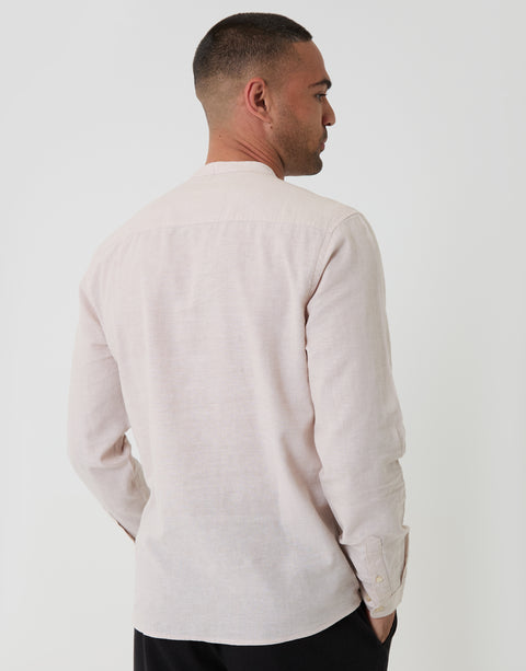 Threadbare Grandad Collar Linen Blend Long Sleeve Shirt in Light Stone - back view