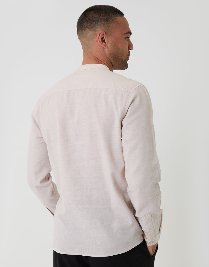 Threadbare Grandad Collar Linen Blend Long Sleeve Shirt in Light Stone - back view