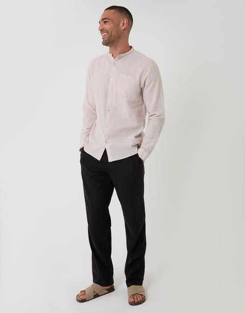 Threadbare Grandad Collar Linen Blend Long Sleeve Shirt in Light Stone - full body